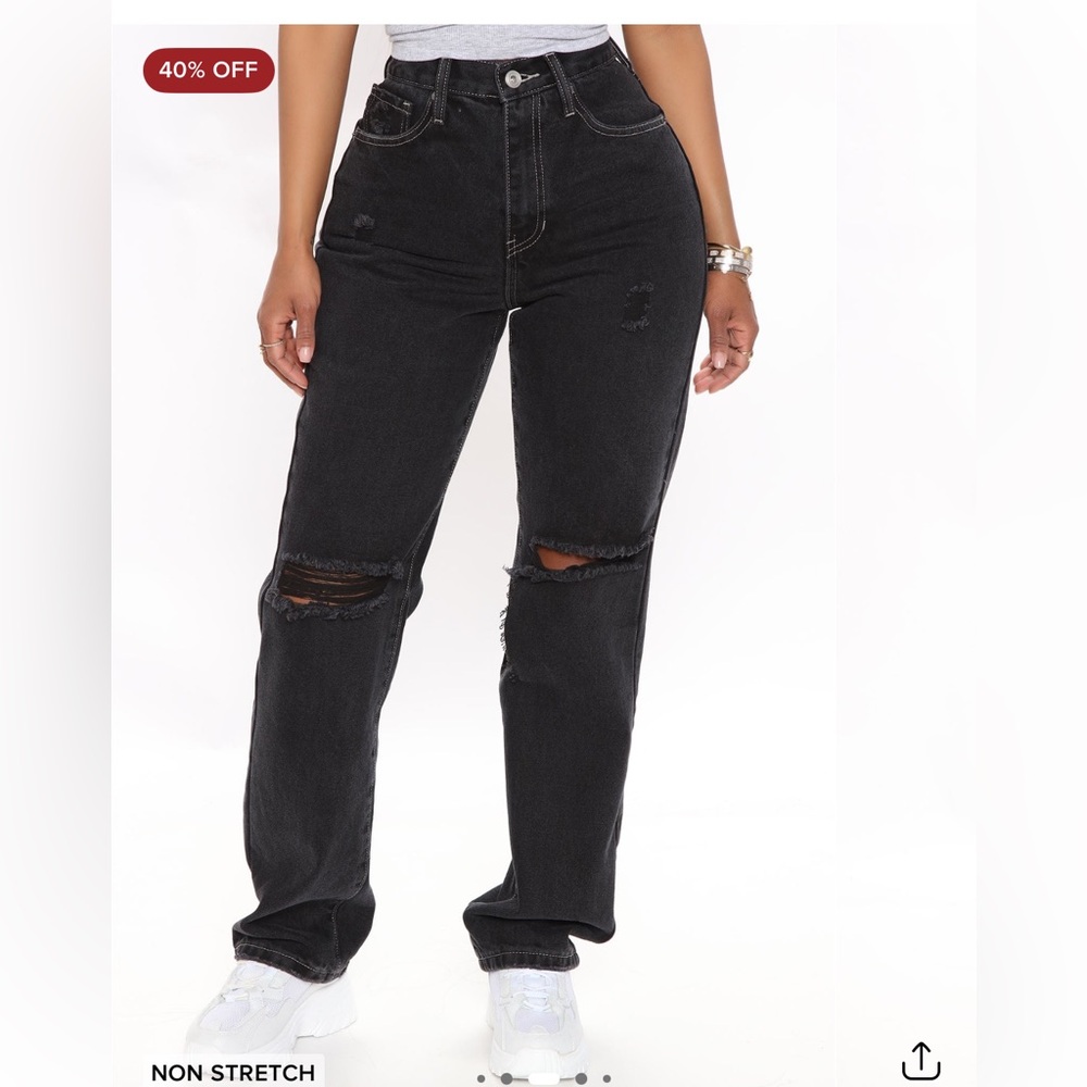 Fashion Nova Black Straight Leg Jeans with Distressed Knees